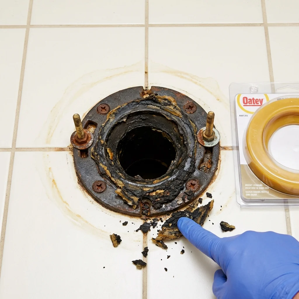 Failed wax ring showing water seepage at the base of a toilet in a Oxford, MI home