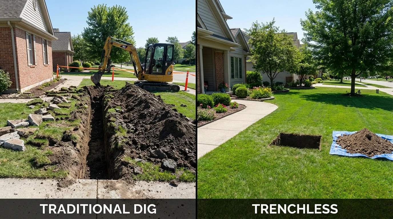 Trenchless sewer repair with minimal yard damage versus traditional excavation in Oxford, MI
